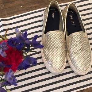 Adorable silver Sperry slip ons!